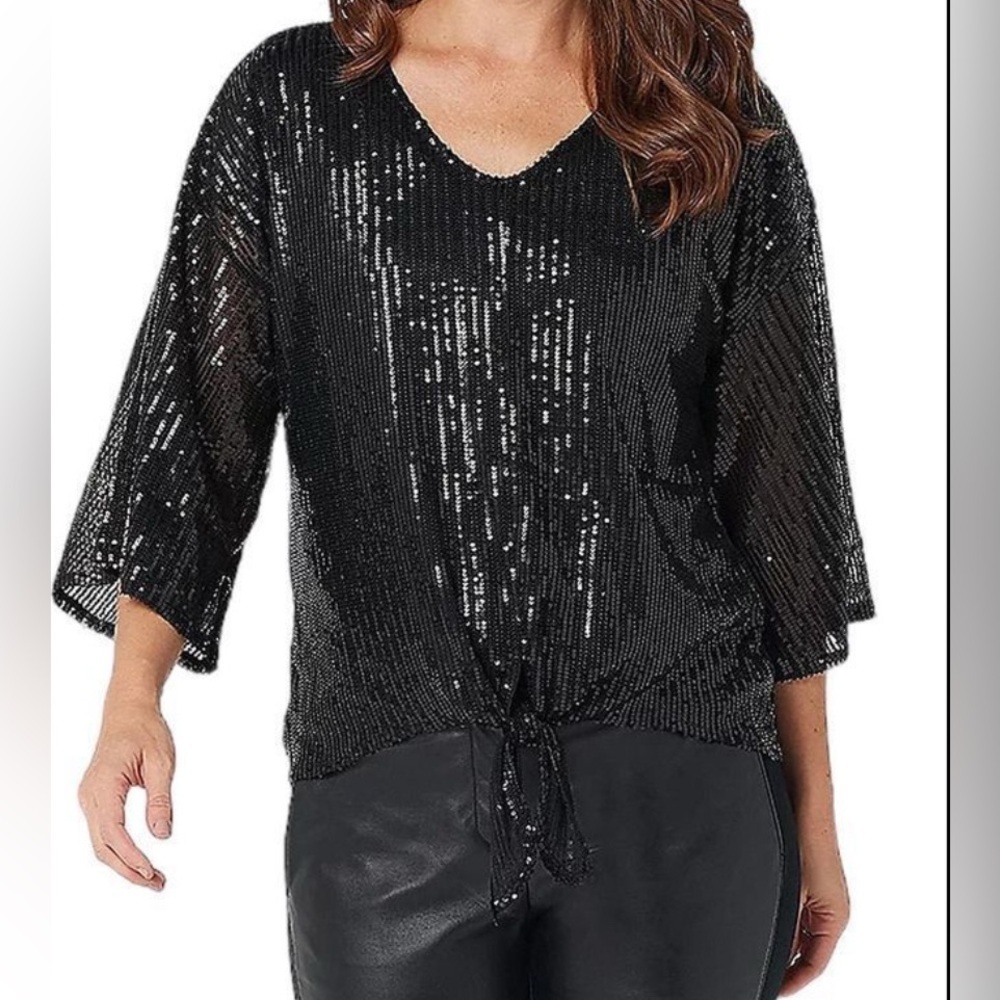Belle by Kim Gravel Glam sequin tie knot blouse V Neck 2X party Christmas NYEโ